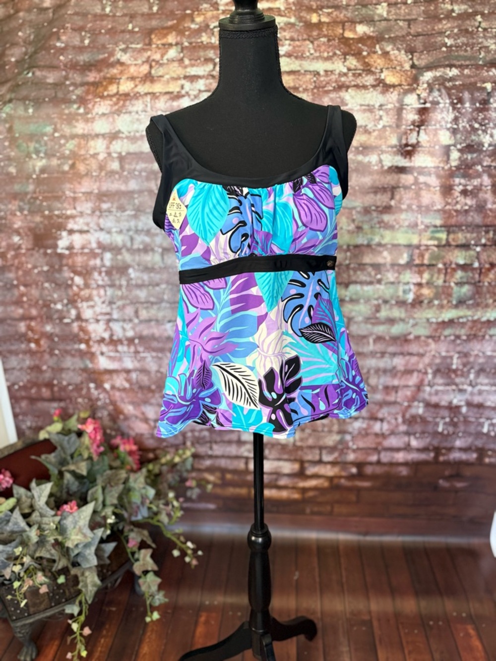Black Tankini Top with Purple and Blue Tropical Print